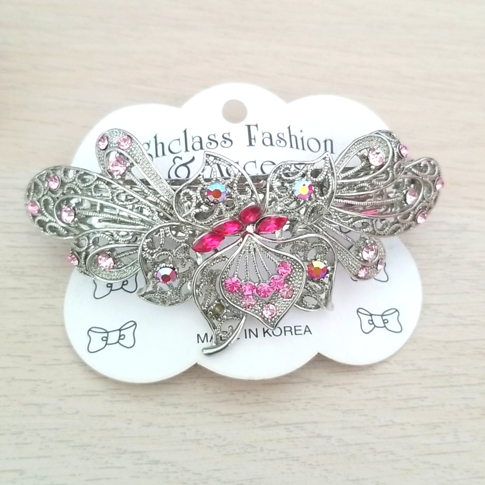 Beautiful Pink Rhinestone Metal Barrette Hair Clip